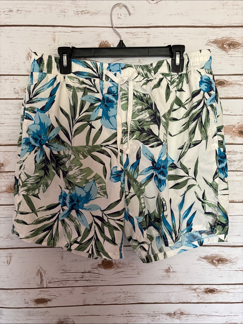 Old Navy Men’s Floral Drawstring Swim Trunks - Blue & Green on White